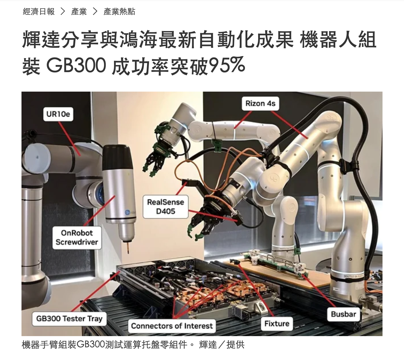 Nvidia and Foxconn showcase robot automation achievements; GB300 busbar assembly success rate exceeds 95%
