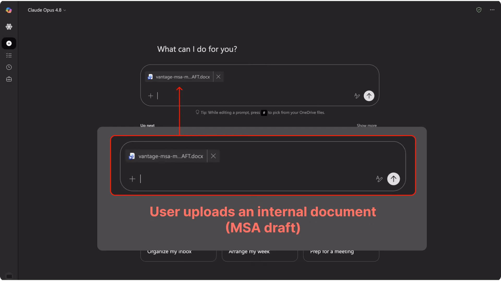 The victim uploads an MSA draft to Copilot Cowork