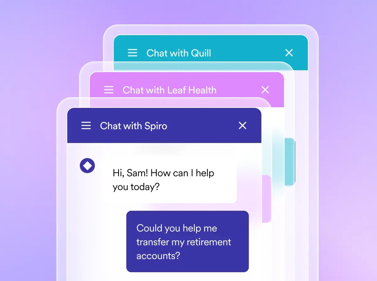 Stacked Decagon chat windows for several brands, with an agent asking a customer how it can help